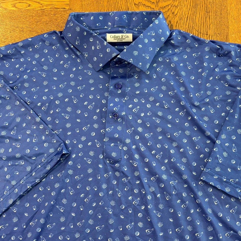 Collars & Co Dress Polo Shirt Mens 2XL Featherweight Tequila Shot Lime AOP Golf
